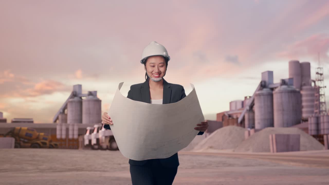 Vista frontal de una empresaria asiática mirando un plano en sus manos mientras camina por una planta de cemento industrial al atardecer.