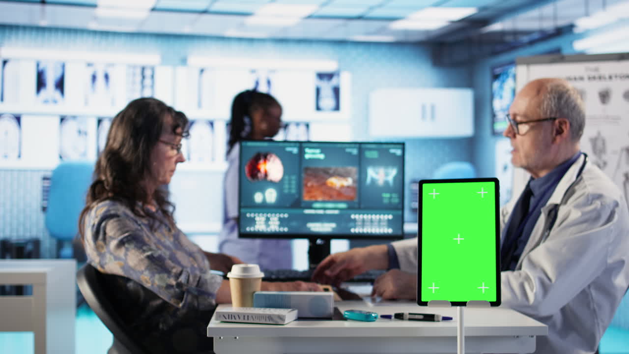 Vertical Video Aged physician ensures disease prevention with isolated chroma key display