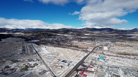 aerial drone views of fairplay, colorado downtown on a sunny winter day