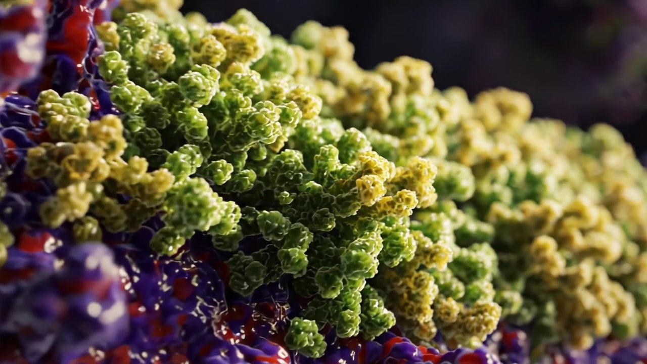 Visualização Detalhada de Estruturas Biológicas Complexas Exibindo Cores Vibrantes e Padrões Intrincados: Uma Jornada Microscópica Através da Arquitetura Celular