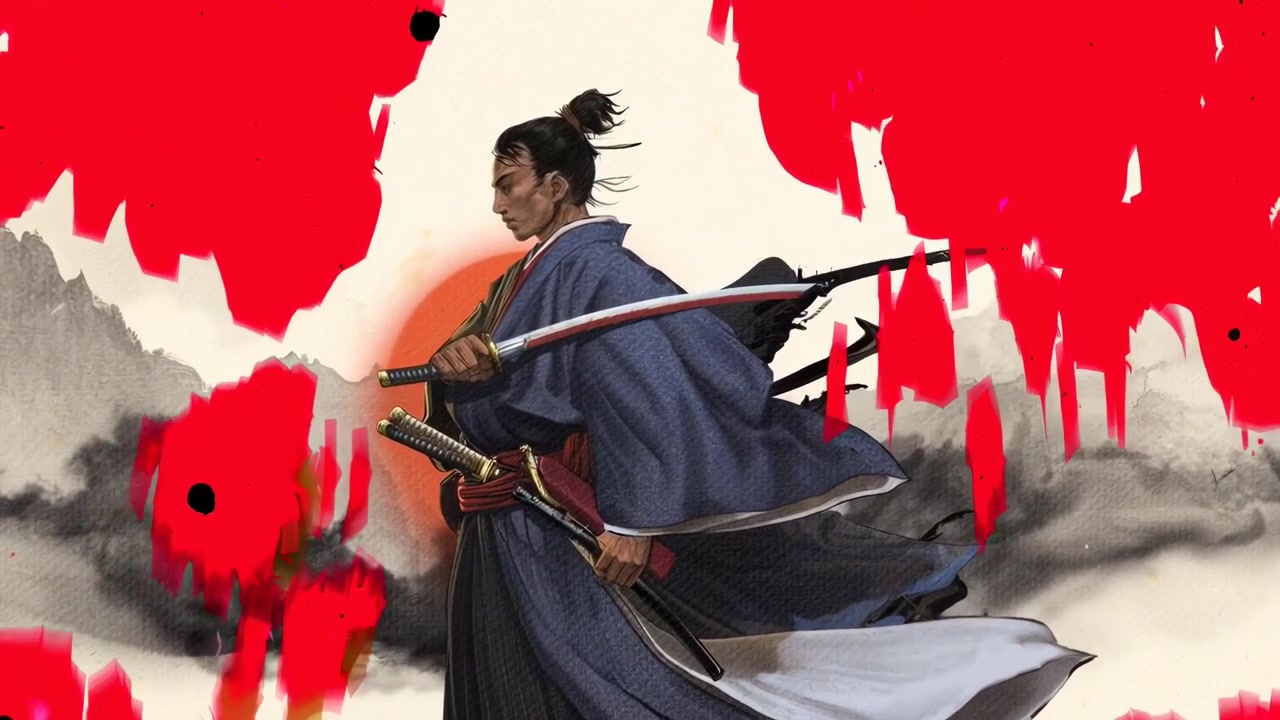 Kırmızı Sıçramalarla Geleneksel Japon Mürekkep Resminde Samuray Savaşçısı