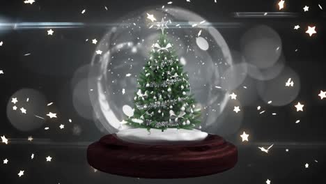 animación de árbol de navidad decorado en globo de nieve, con estrellas brillantes y luces, en negro