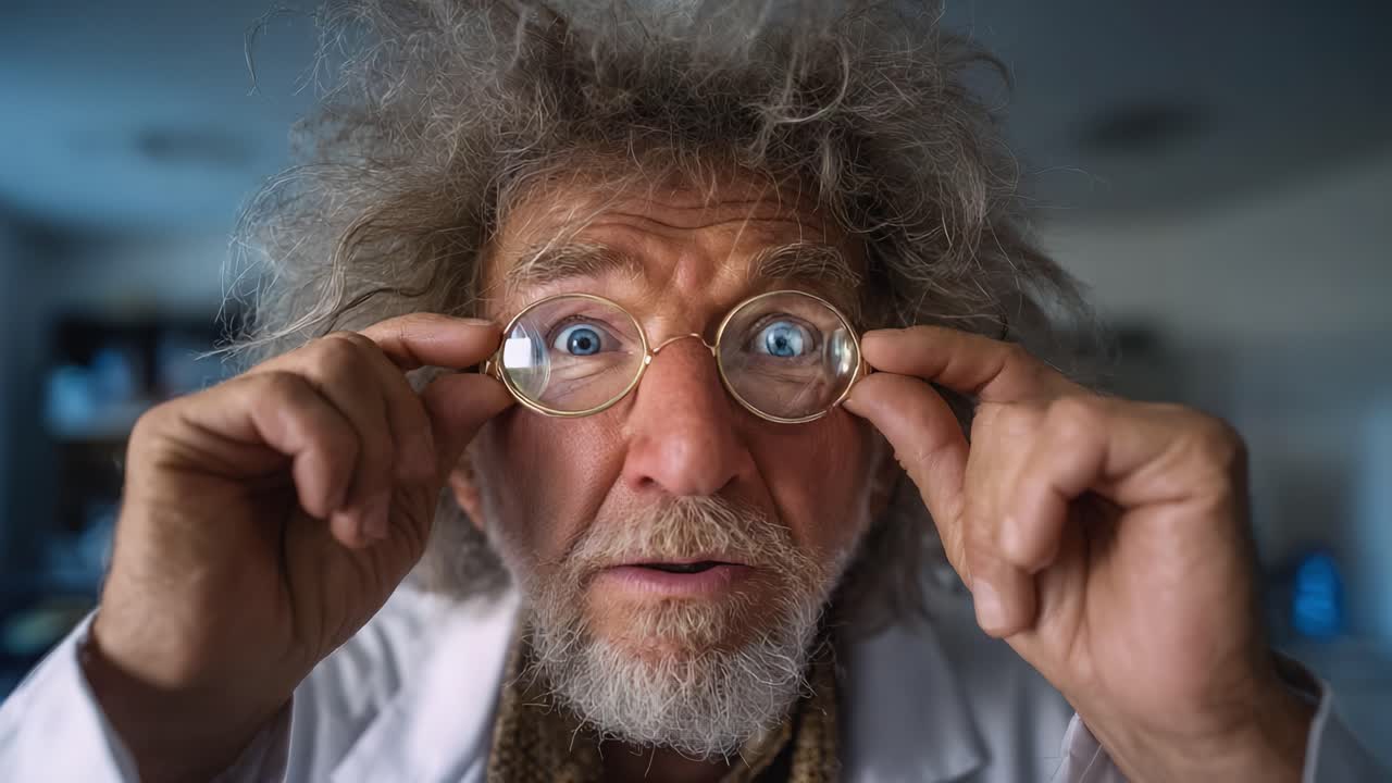 Un curioso scienziato con capelli folti e occhiali tondi esamina le sue scoperte in un laboratorio, mostrando sorpresa e interesse nella sua espressione