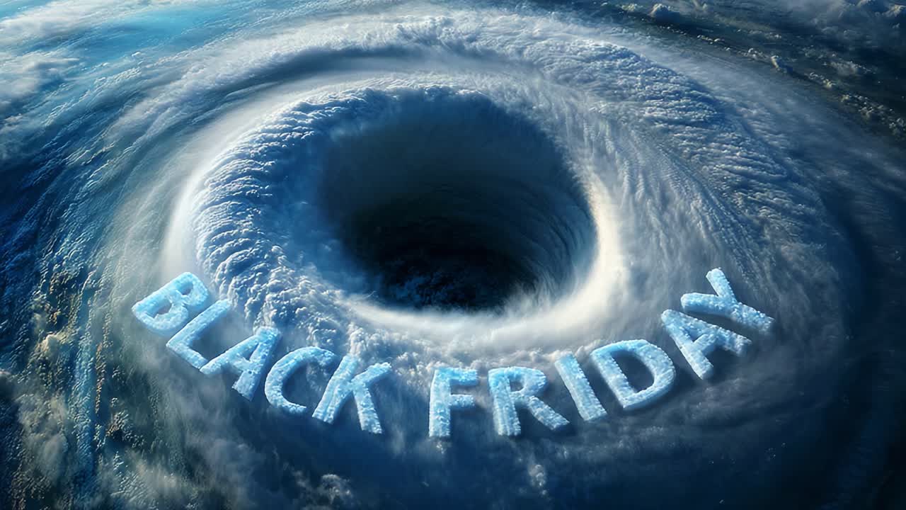 A mesmerizing visual metaphor for commercial frenzy, showcasing a swirling vortex with the chilling text 'Black Friday' artistically rendered in ice, evoking both urgency and excitement