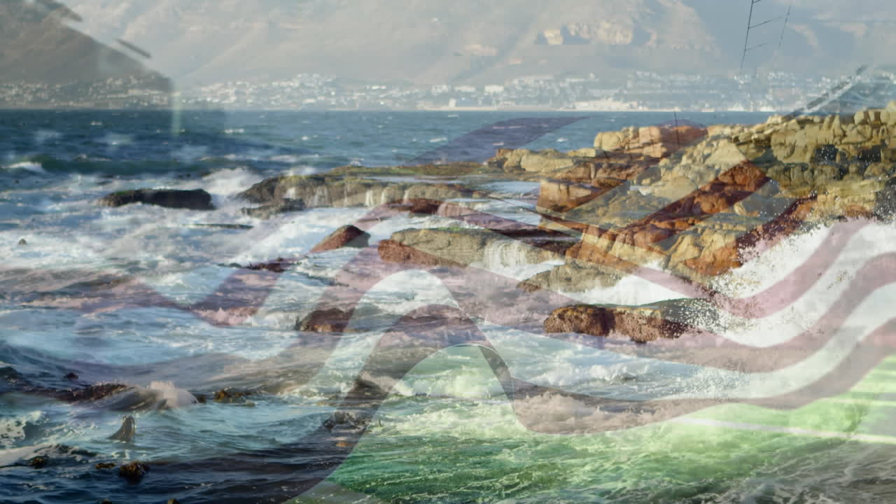 바위에 부 ⁇ 히는 바다 파도에 맞서 우리  ⁇ 발을 흔드는 디지털 구성