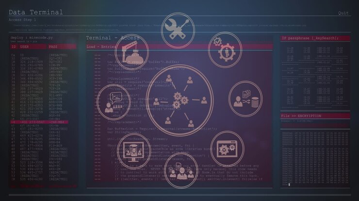 Animation af interface med roterende ikoner for forretningskommunikation og information på mørk baggrund.