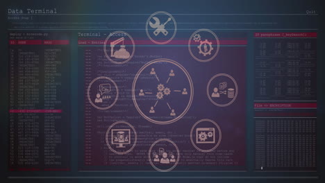 animación de la interfaz con iconos de comunicación comercial giratorios e información en fondo oscuro