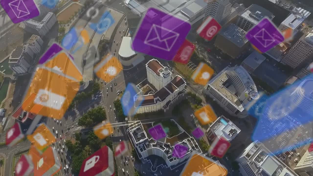 배경 에 도시 풍경 과 함께 떠오르는 다채로운 큐브