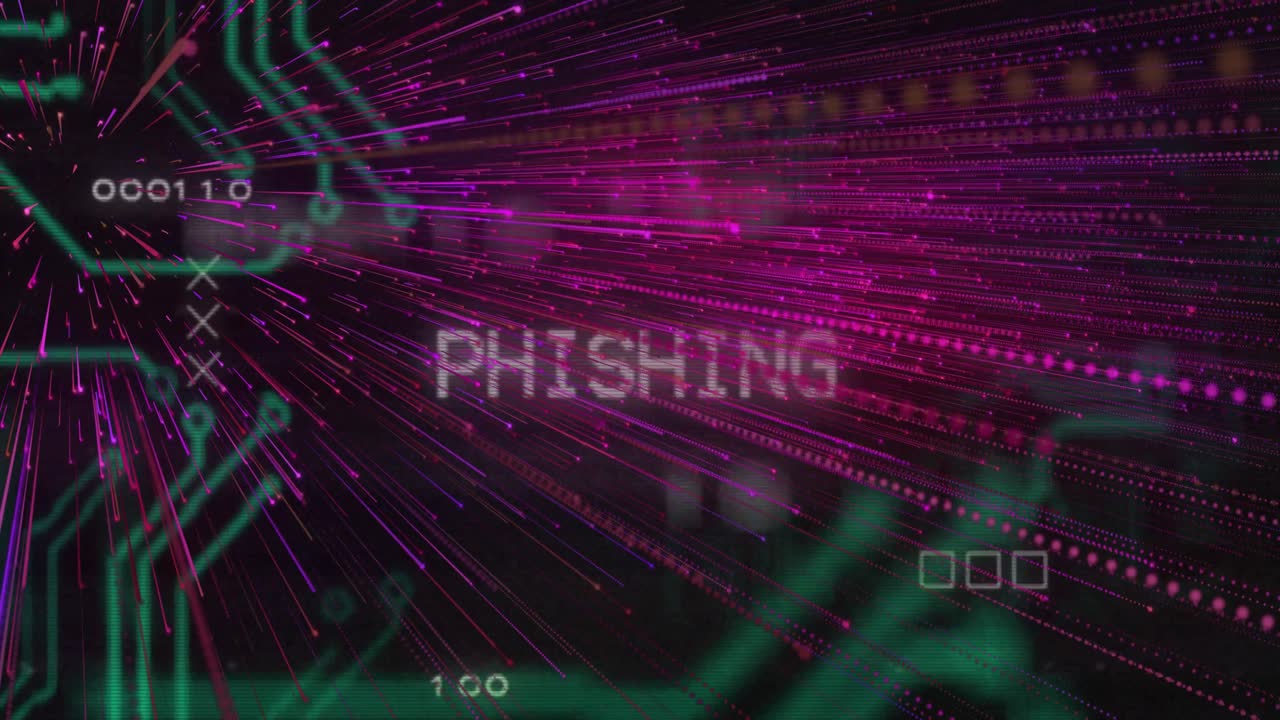 Linee rosa neon che si irradiano da sinistra, circuiti che si formano e testo PHISHING che emerge mostrando una violazione