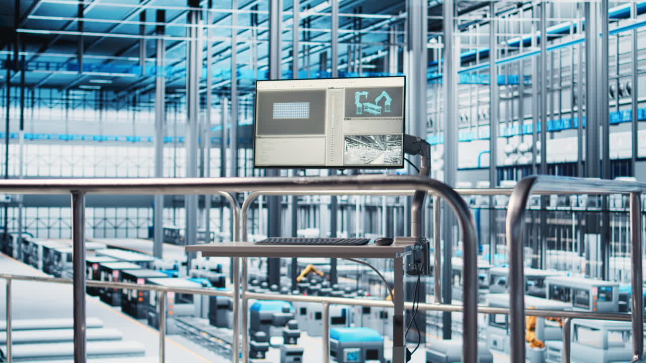 Tracking software displayed on monitor in industry 4.0 industrial plant