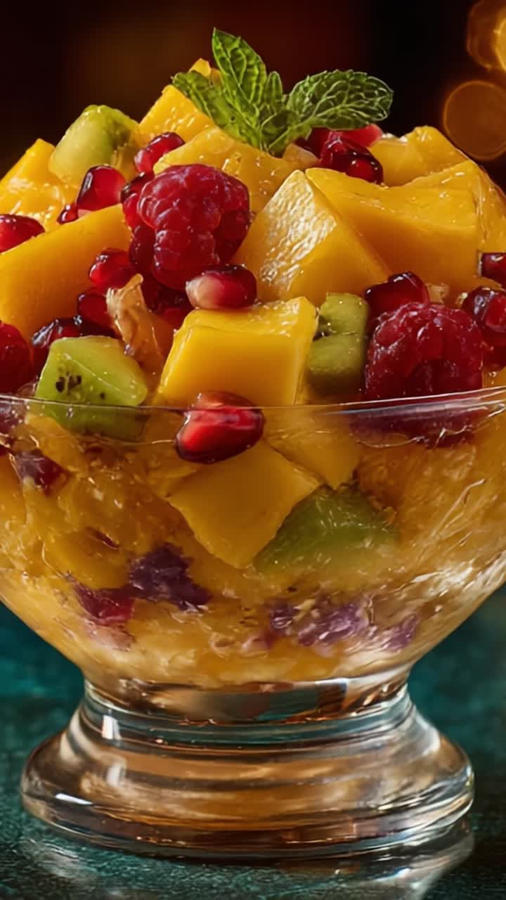 Una colorata e deliziosa macedonia di frutta fresca con mango, lamponi, semi di melograno e kiwi, perfetta per una rinfrescante delizia estiva