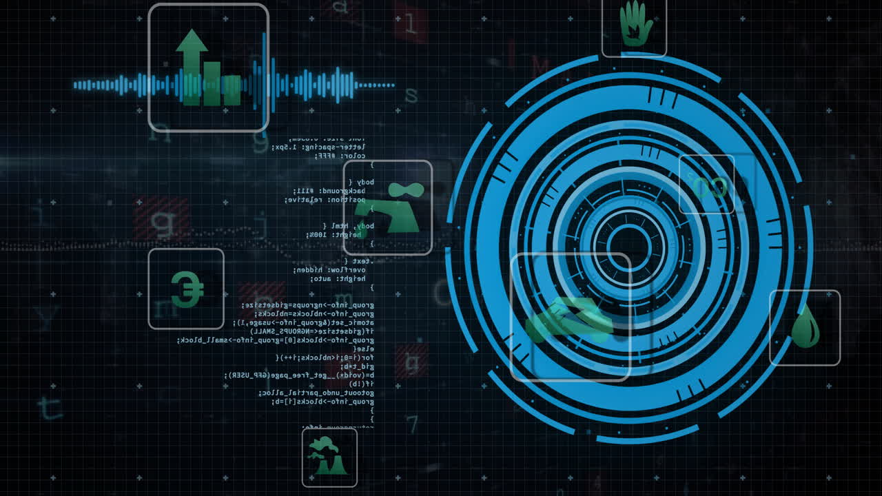 animación de iconos ecológicos, procesamiento de datos y escaneo de alcance sobre el paisaje urbano