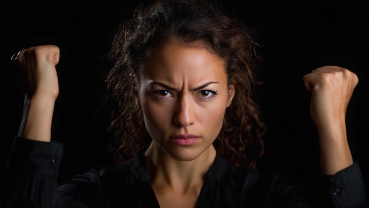 Intensa expresión facial de determinación y fuerza demostrada por una mujer con cabello rizado y puños levantados, contra un fondo oscuro en un encuadre de primer plano