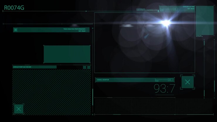 Glowing digital interface with data panels on dark background, animation effect
