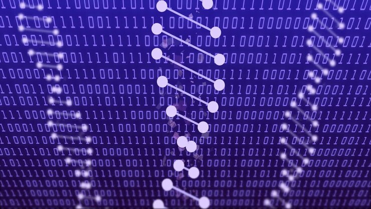 Animation of data processing with dna strands on blue background