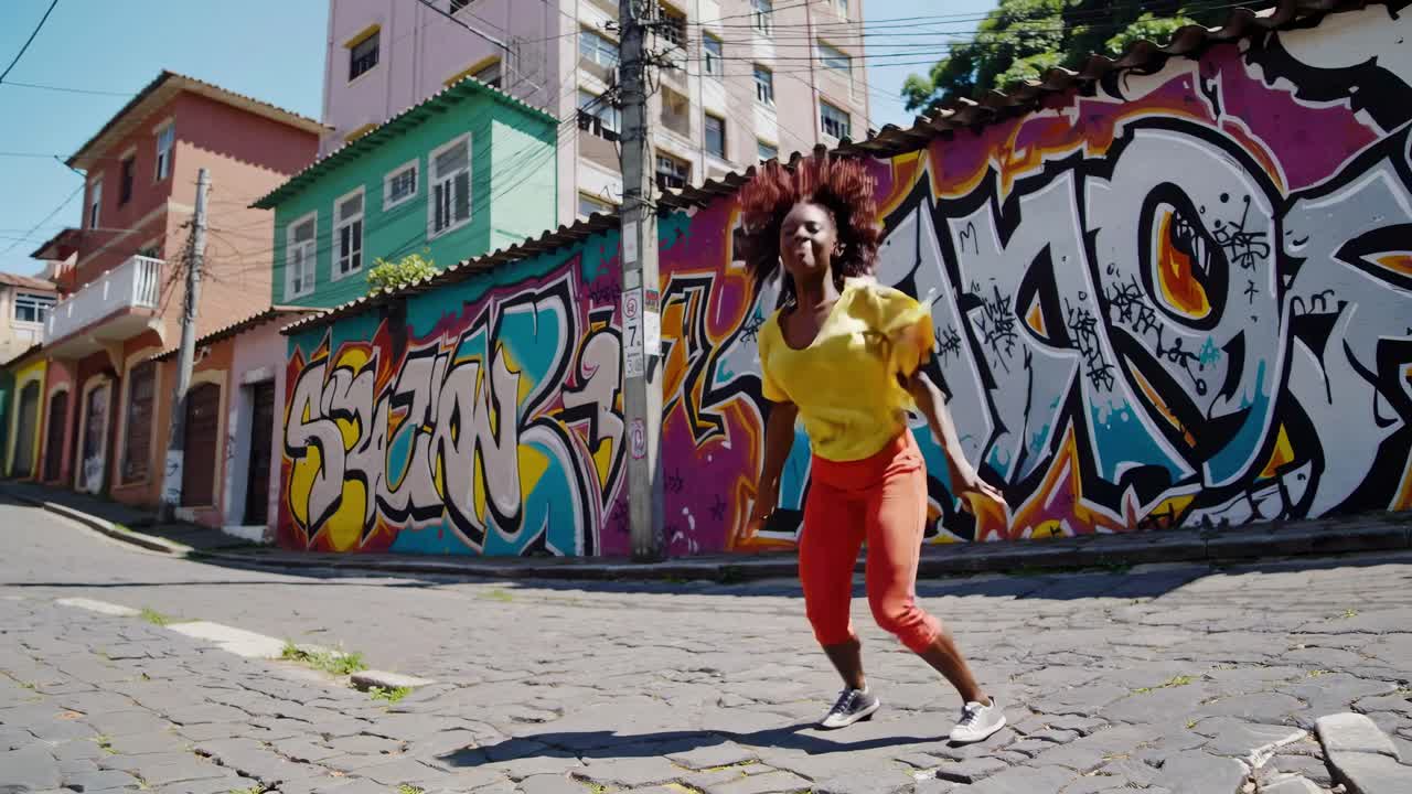 Um vídeo animado de dança de rua com uma tomada em ângulo baixo, capturando grafites vibrantes e um dançarino