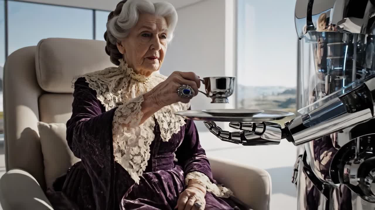 An elderly woman served tea by a robot