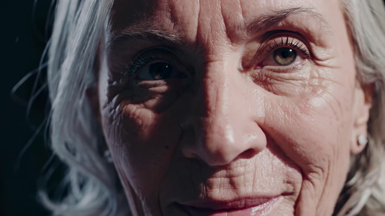 Close-up video shot of an elderly woman's face, capturing detailed expressions and textures