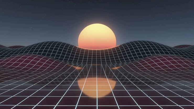 Rising glowing sun emerging above central trough in synthwave scene reflecting on grid plane