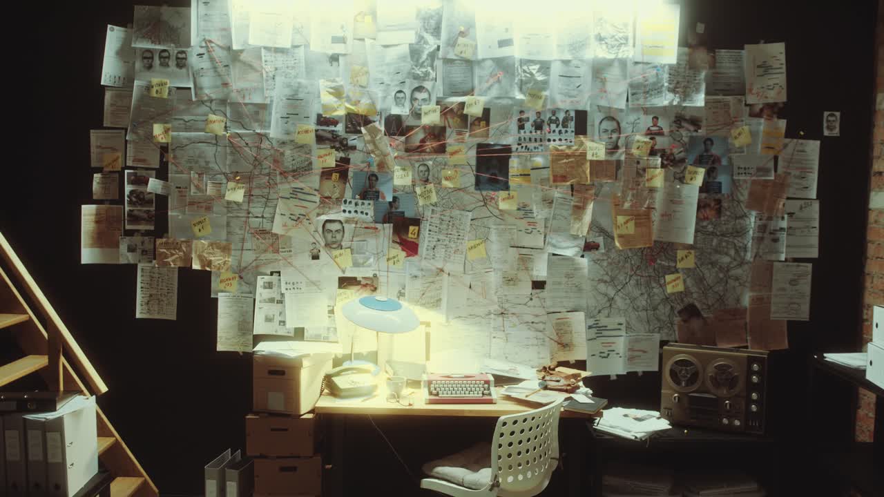 Workplace of Detective in Office with Evidence Board Hanging on the Wall