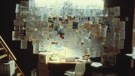 workplace of detective in office with evidence board hanging on the wall