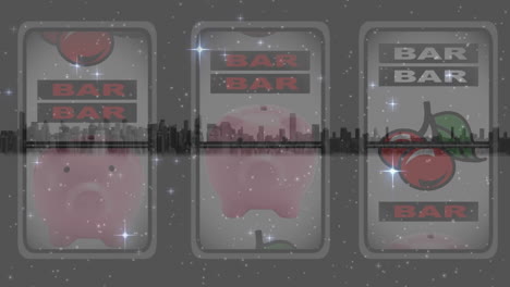 animatie van schitterende sterren over casino slot machine tegenover het uitzicht op het stadsbeeld