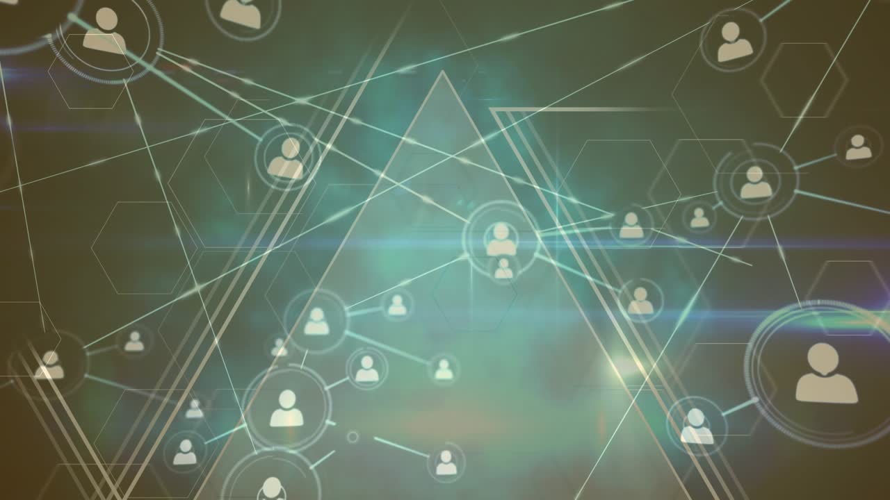 Animation of network of connections with people icons over dark background