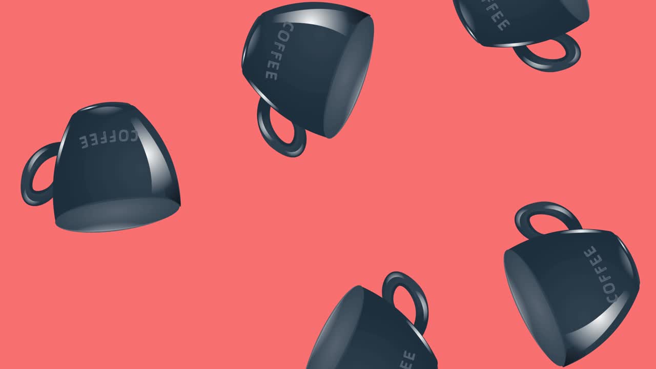 animación de tazas de café negras cayendo sobre un fondo rosado