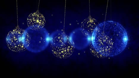 Animation-of-blue-bubbles-over-golden-baubles-on-black-background