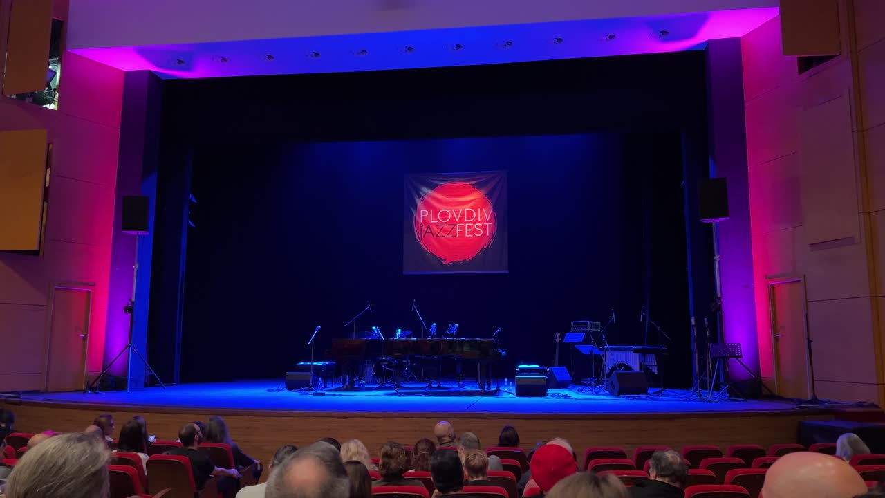 The stage of Plovdiv Jazzfest is ready to kick off. Jazz festival. House of Culture "Boris Christoff" in Plovdiv, Bulgaria