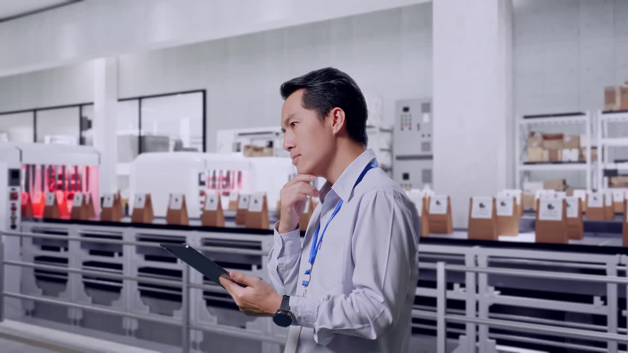 Side View Of An Asian Male Professional Worker With Conveyor for Packaging Coffee Beans in Bags at Coffee Factory, Observes By Looking Up Before He Come To Concentrating On The Tablet