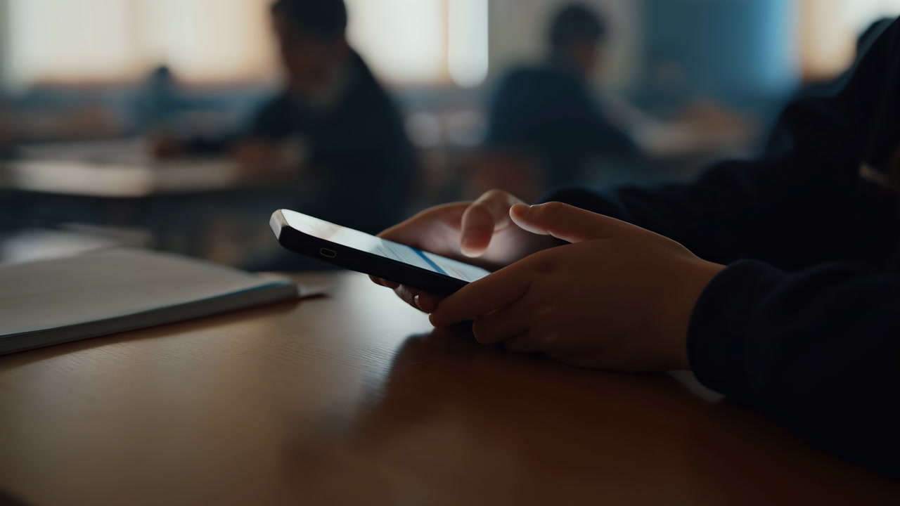 Student Using Smartphone In Classroom, Fingers Tapping Glowing Screen, Blurred Classmates And Teacher
