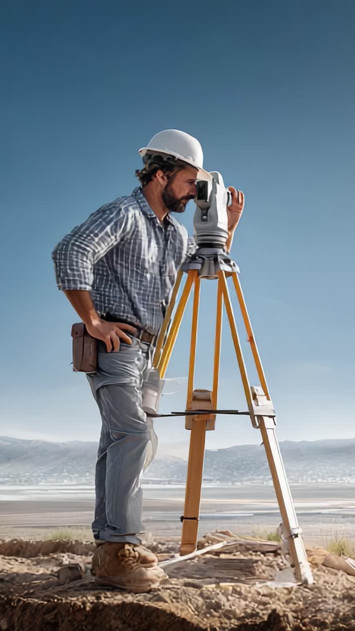 Landmåler bruger en totalstation til landmåling og viser præcision og fokus inden for konstruktion, mens han studerer landskabet for at indsamle nøjagtige data.
