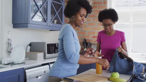 Happy-african-american-mother-and-daughter-packing-lunch-for-school