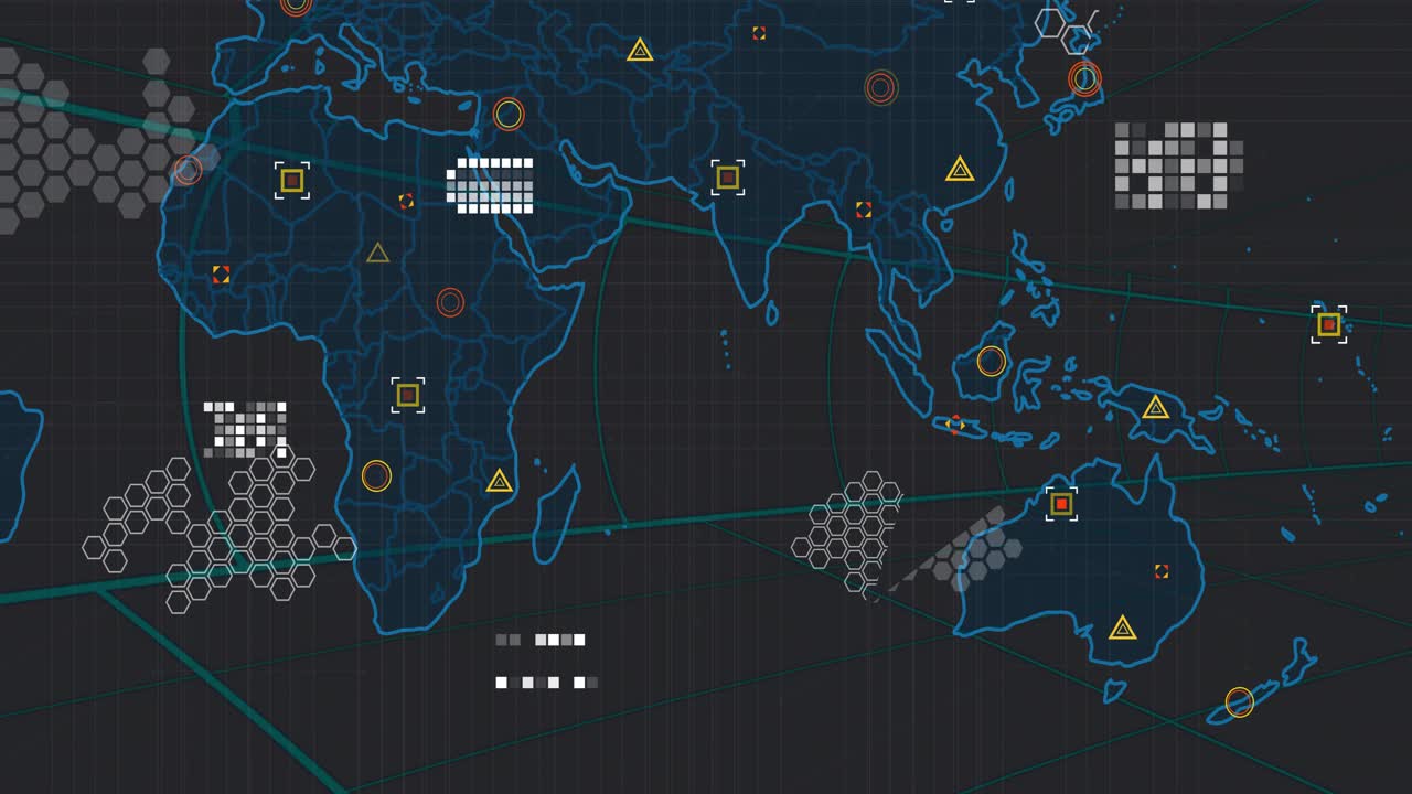 On load showing neon world map expanding east sliding lines fading icons shifting grids networking