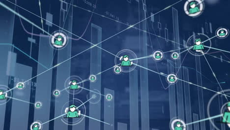 animation of network of connections with people icons over financial data processing