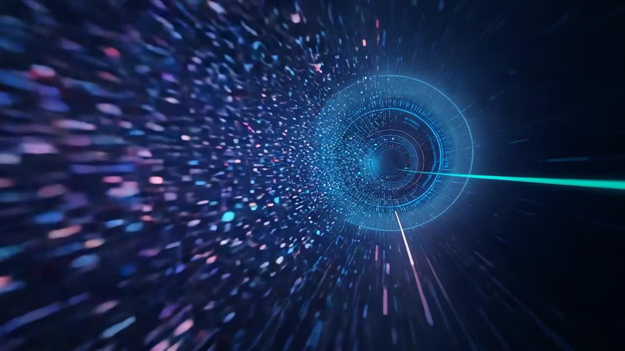 Surging camera after pulse, advancing through dark data tunnel toward ringed portal, with cyan beam