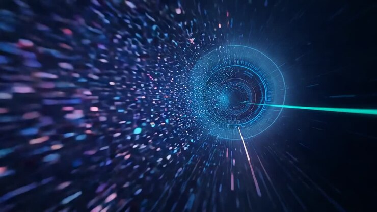 Surging camera after pulse, advancing through dark data tunnel toward ringed portal, with cyan beam