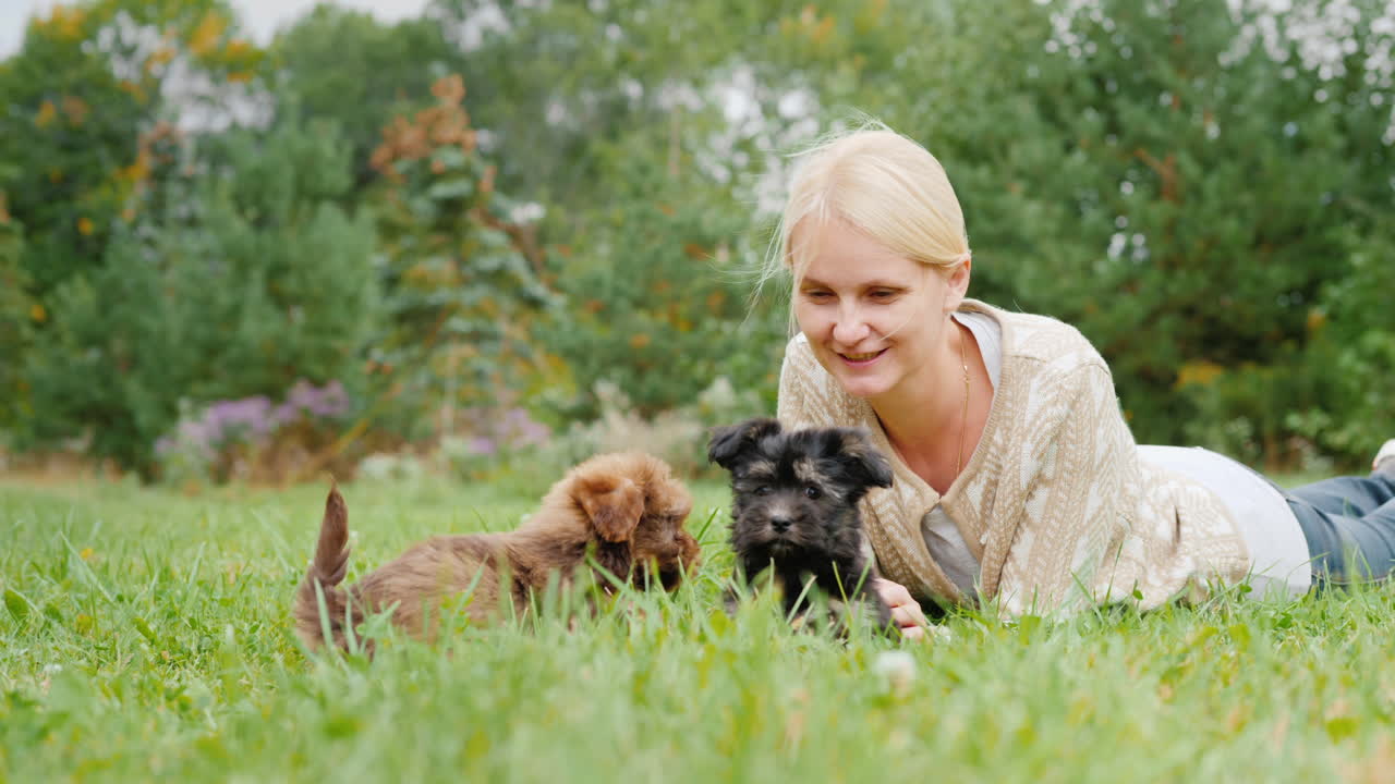 귀여운 강아지를 쓰다듬는 여자