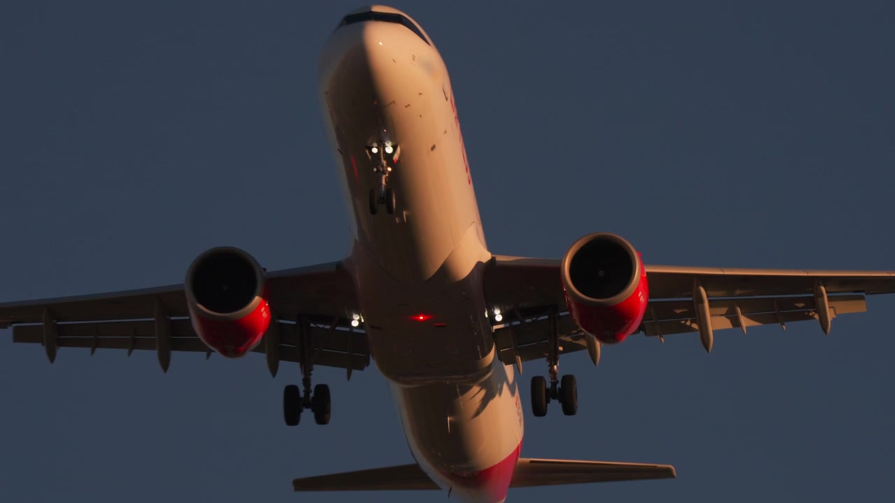 Grande aereo passeggeri in volo con carrello di atterraggio abbassato