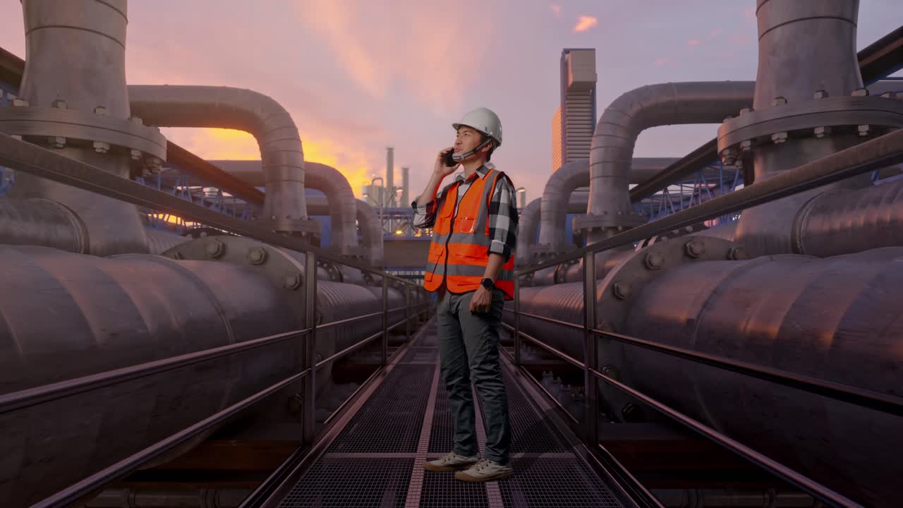 Helkropsbillede fra siden af asiatisk mandlig ingeniør med sikkerhedshjelm, der taler i smartphone, mens han står, industrielt rørledningsnetværk ved solnedgang