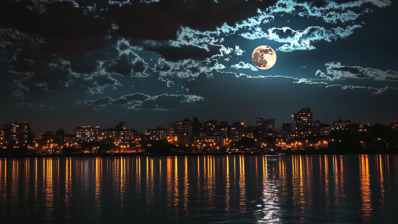 Cityscape at Night Under a Full Moon