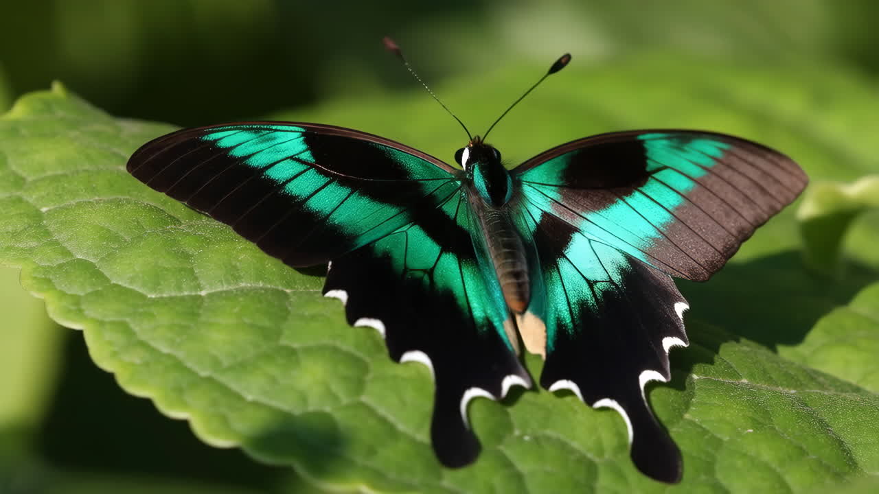 Vibrant Green and Black Butterfly on a Leaf
