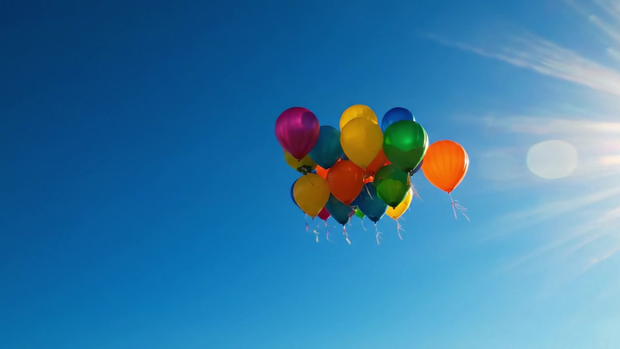 Una vivace esposizione di palloncini colorati che fluttuano contro un cielo azzurro limpido, catturando la gioia e la meraviglia dei piaceri semplici della vita in un momento edificante