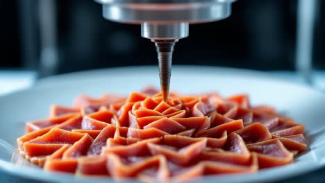 Food art creation in progress, featuring a precision tool delicately decorating a plate with an intricate rose design made from vibrant ingredients, showcasing culinary creativity and skill