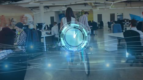 Neon-digital-clock-ticking-and-glowing-light-trails-against-woman-walking-with-bicycle-at-office