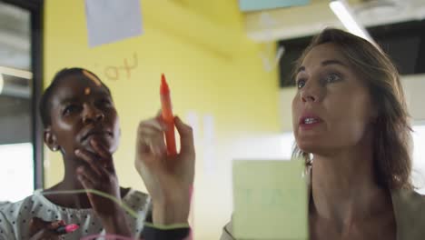 two diverse female colleagues making notes and discussing at work