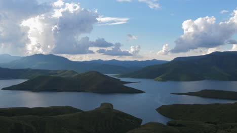 Static-high-angle-view-of-man-made-hydro-dam-water-reservoir,-Lesotho