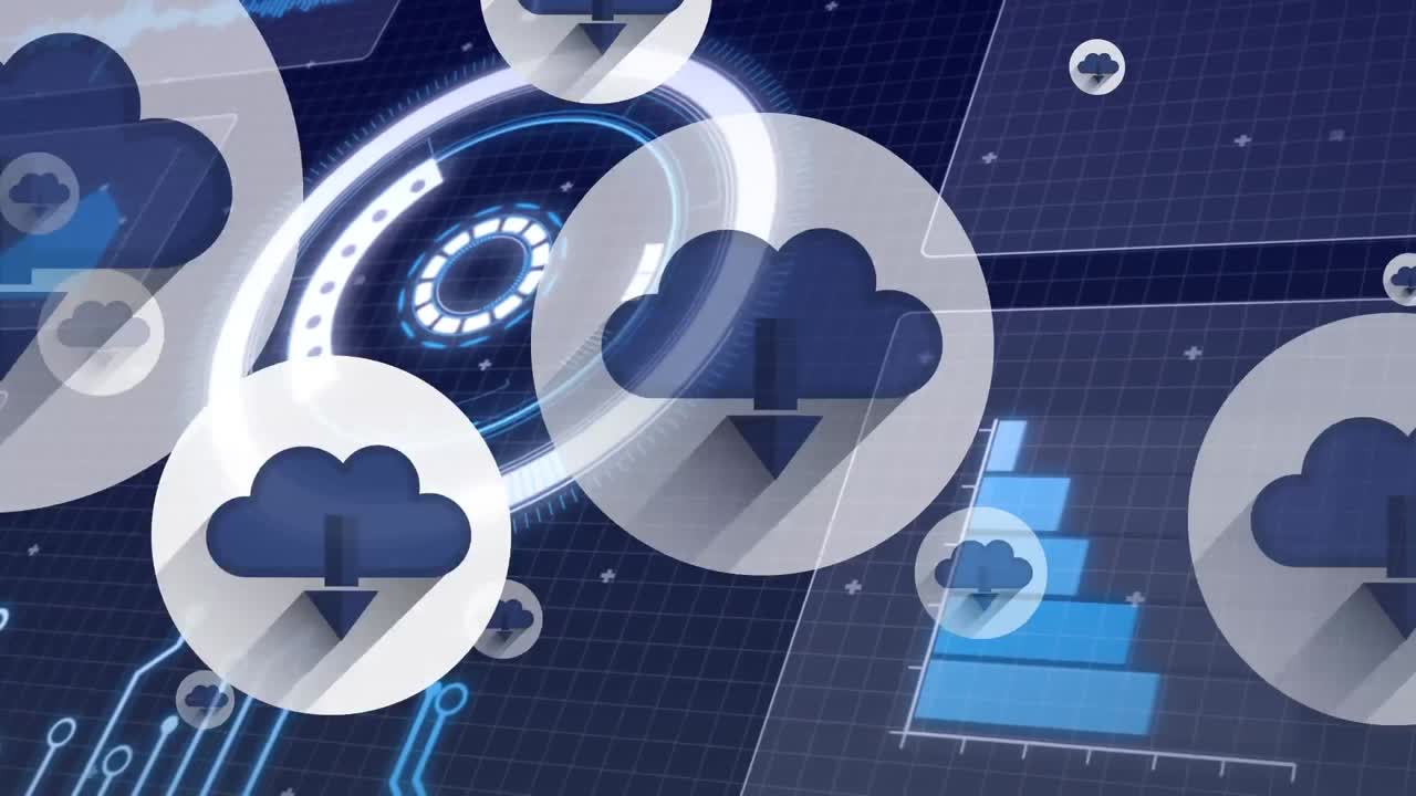 Animation of cloud icons and scientific data processing over blue background