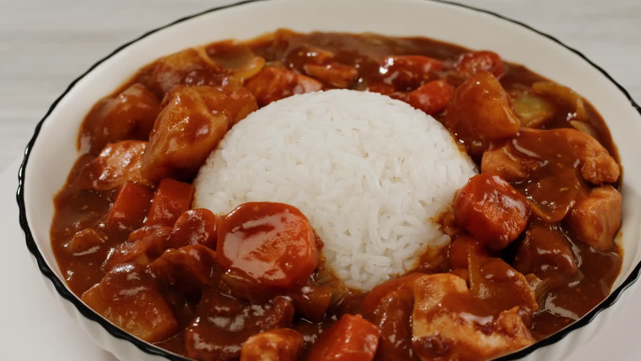 Japanese curry rice with fry pork Tonkatsu, Katsu Kare, Japanese breaded cooking dinner in restaurant, close up macro of asian food
